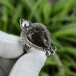 Handmade Turritella Agate Ring: Pear Stone, Sterling Silver, Size 8