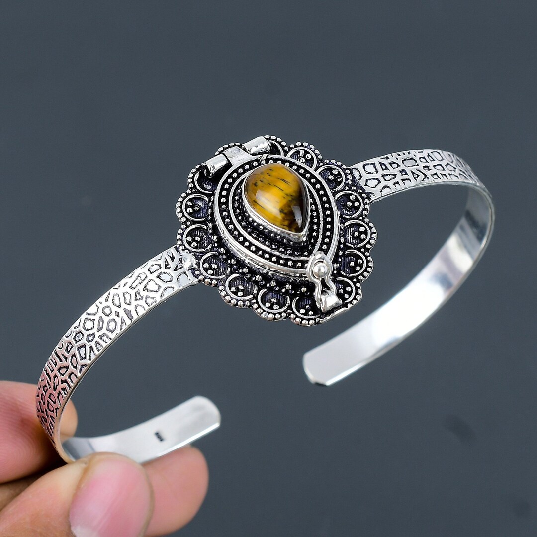 Tiger's Eye Poison Box Bangle: Handmade 925 Sterling Silver Adjustable ...
