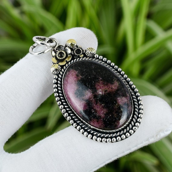 Rhodonite Pendant 925 Sterling Silver Pendant 18K Gold Plated Real Gemstone Flower Pendant Handmade Pendant Rhodonite Jewelry Gift for Mom Etsy UK