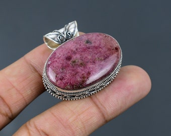 Oval Rhodonite Pendant: Handmade 925 Sterling Silver Vintage Jewelry