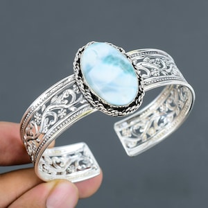 Larimar Cuff Bracelet 925 Sterling Silver Adjustable Bangle Handmade Cuff Bracelet High Quality Gemstone Bangle Gift For Mom Healing Stone