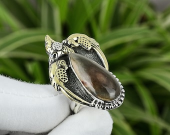 Handmade Pear Imperial Jasper Ring: 925 Sterling Silver, 18K Gold Plated, Adjustable