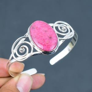 Pulsera de rodonita, brazalete ajustable de plata de ley 925, brazalete con piedras preciosas, joyería única, brazalete hecho a mano, joyería de plata para regalos