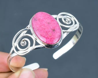 Handmade Rhodonite Cuff Bracelet: 925 Sterling Silver Adjustable Bangle