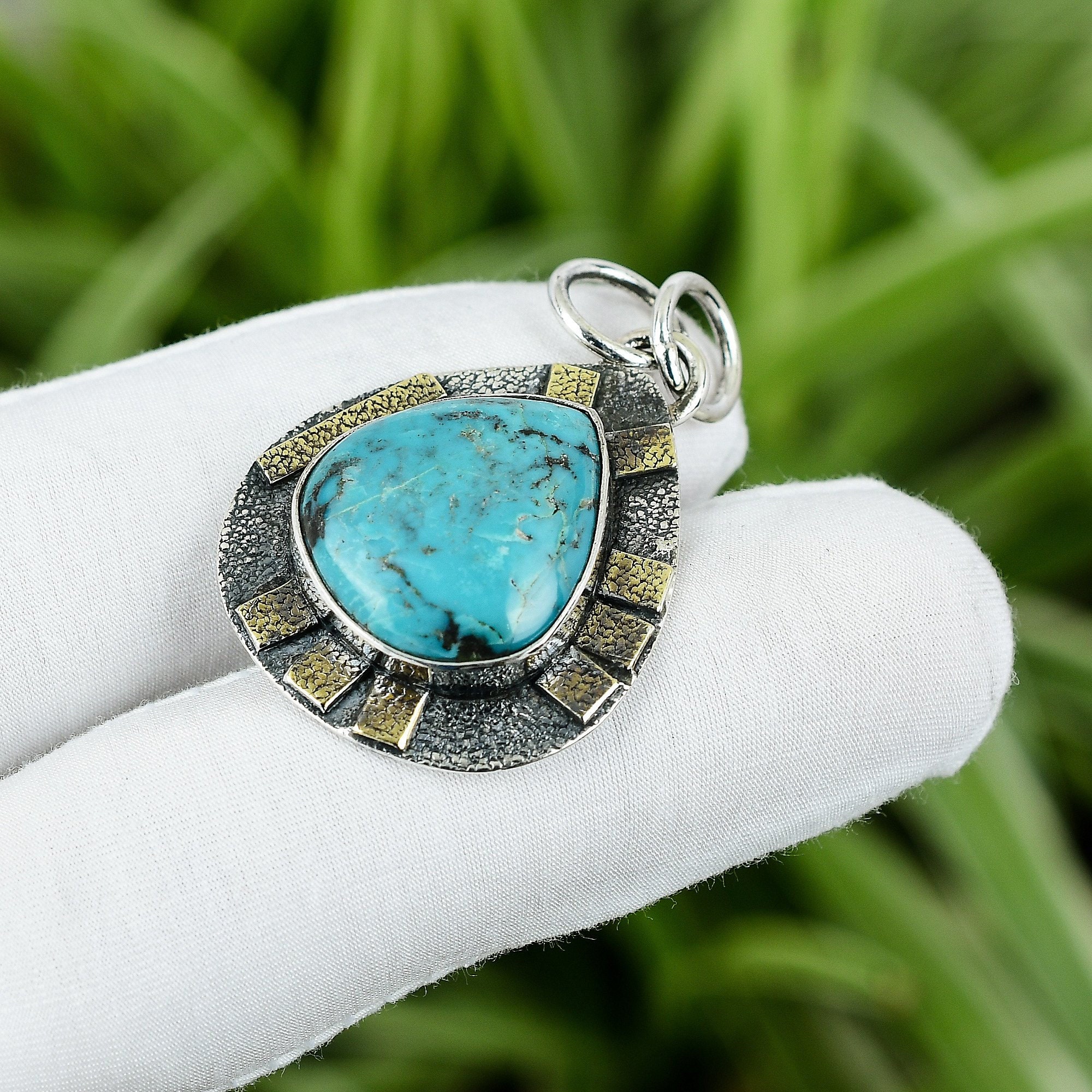 Handmade Tibetan Turquoise Pendant: 925 Sterling Silver, 18K Gold
