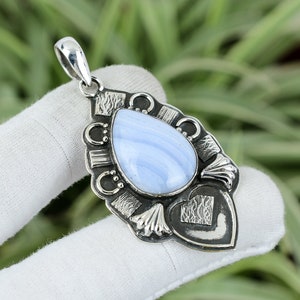 Handmade Pear Blue Lace Agate 925 Sterling Silver Pendant