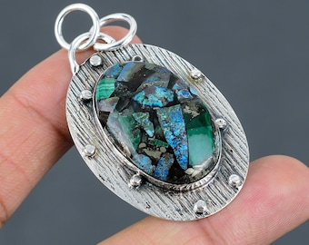 Handmade Copper Azurite Malachite Pendant: 925 Sterling Silver Gemstone Jewelry