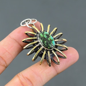 Tibetan Turquoise Pendant 925 Sterling Silver Pendant Handmade Cage Jewelry 18K Gold Plated Pendant Genuine Gemstone Jewelry Gift For Bridal