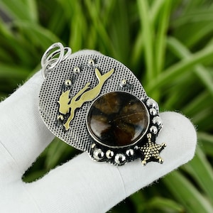 Chiastolite Pendant 925 Sterling Silver Pendant 18K Gold Plated Handmade Boho Jewelry Gemstone Pendant Women&#39;s Special Gift Mermaid Pendant