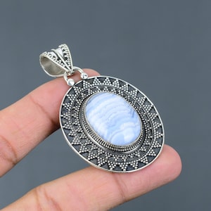 Blue Lace Agate 925 Sterling Silver Pendant - Handmade Vintage Jewelry