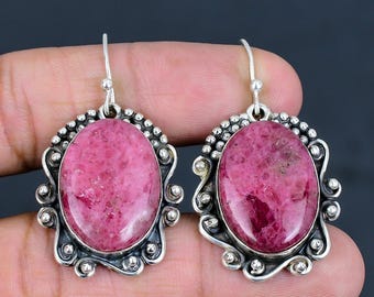 Handgefertigte Rhodonit Ohrringe aus 925 Sterling Silber im antiken Stil