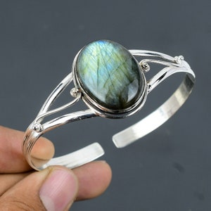 Handmade Labradorite Cuff: Adjustable 925 Sterling Silver Bangle