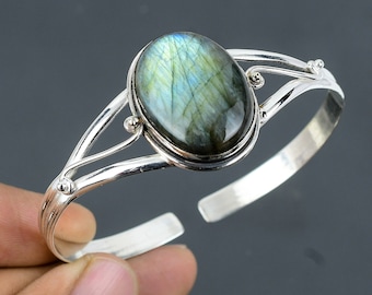 Handmade Labradorite Cuff: Adjustable 925 Sterling Silver Bangle