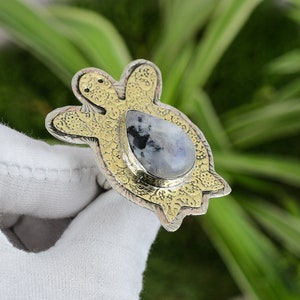 Handmade Rainbow Moonstone Ring: 925 Sterling Silver 18K Gold Plated Tortoise
