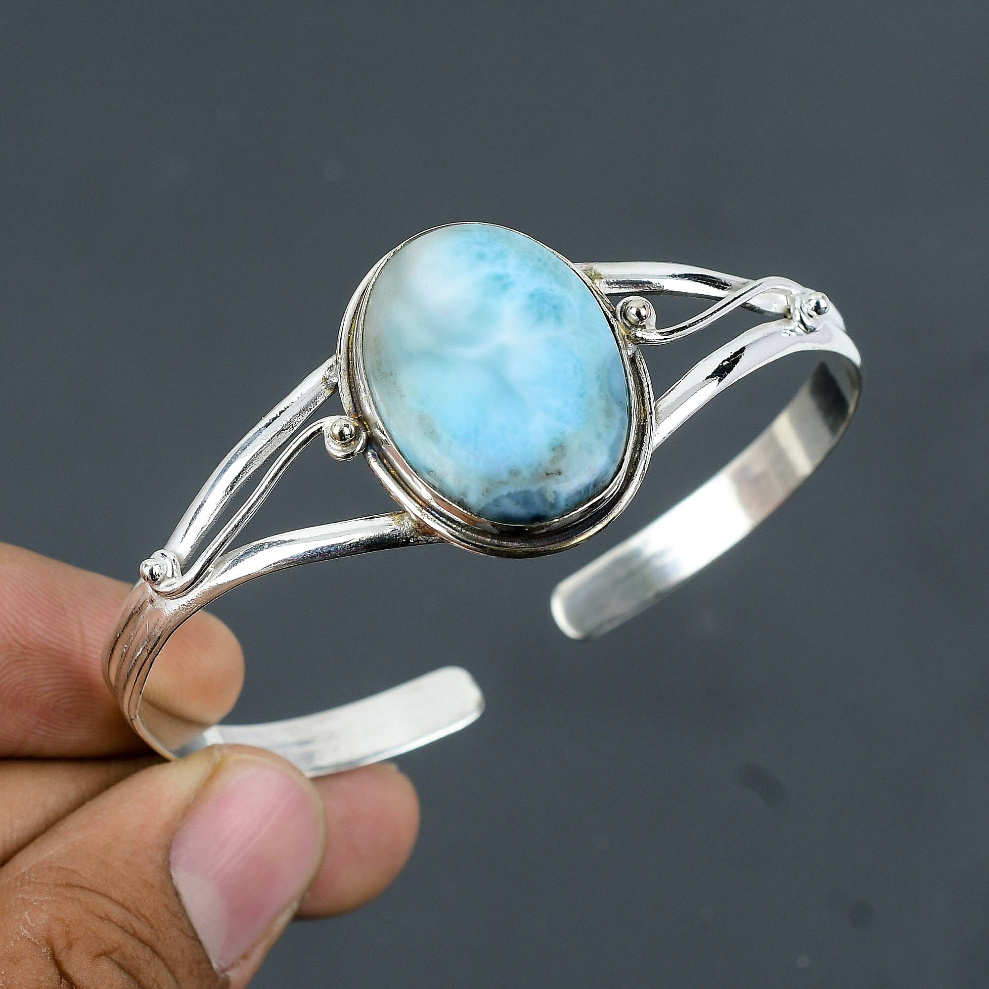 Bracelet Manchette En Argent Avec Véritable Pierre Larimar - Dimensions 36x20 Mm - Neuf Sans Emballage
