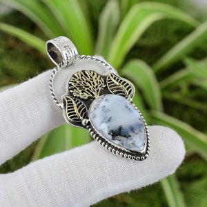 Handmade Dendrite Opal Pendant: 925 Sterling Silver, 18K Gold Plated