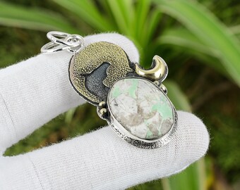 Handmade Variscite Pendant: 925 Sterling Silver, 18K Gold Plated
