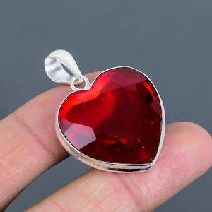 Handmade Faceted Mozambique Garnet Heart Pendant: 925 Sterling Silver Boho Jewelry