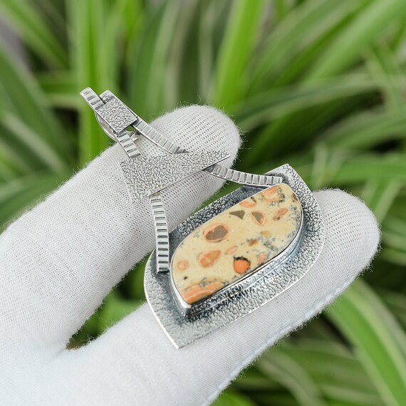 Pendentif En Argent Sterling 925 Avec Pierre De Jaspe Léopard - Fait Main En Inde - Bijou Unique Et Naturel