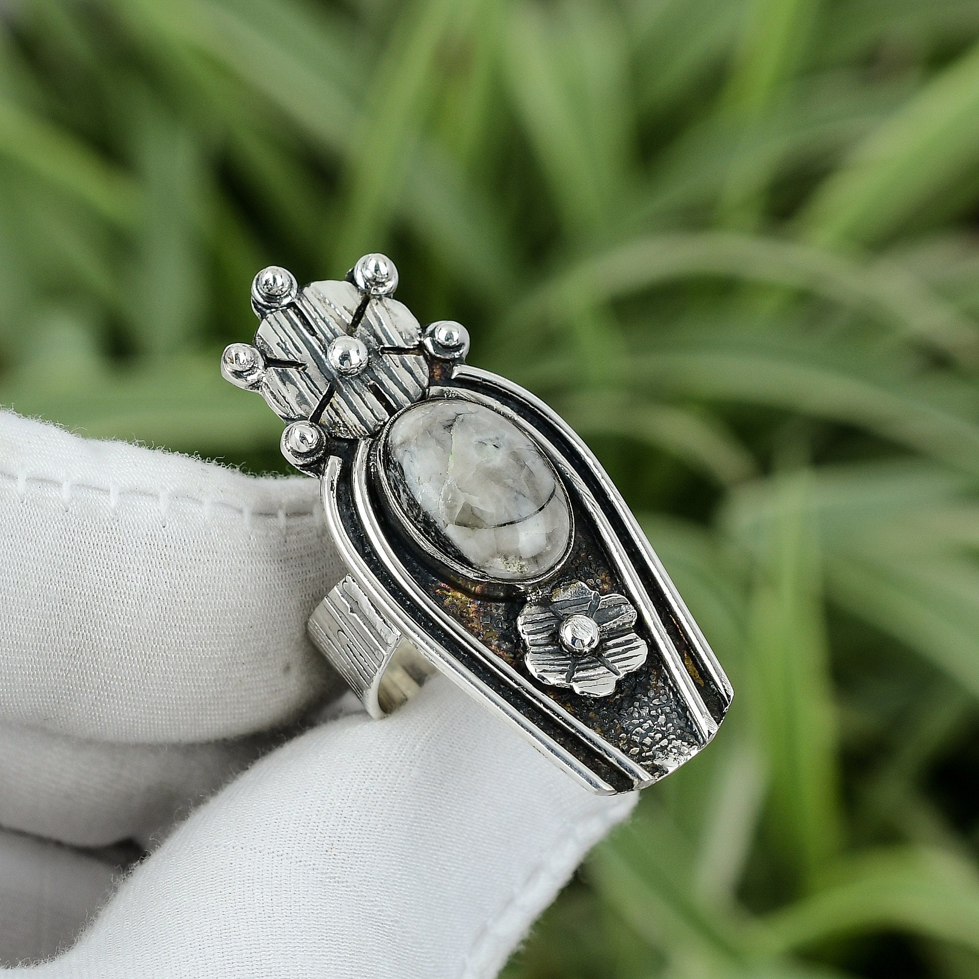 Bague Argent Massif Avec Orthoceras Fossile Et Opale De Feu - Taille 53, Neuf Sans Emballage