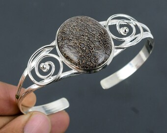 Dinosaur Bone Bangle: Handmade 925 Sterling Silver Adjustable Cuff