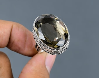 Handmade Faceted Smokey Quartz Ring: Vintage 925 Sterling Silver