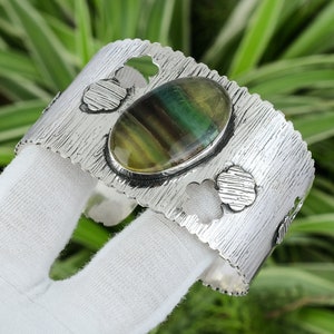 Handmade Multi Fluorite Cuff: 925 Sterling Silver Adjustable Bangle
