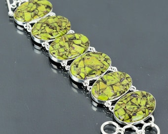 Handmade 925 Sterling Silver Atlantisite Bracelet: Oval Gemstone, Adjustable Chain