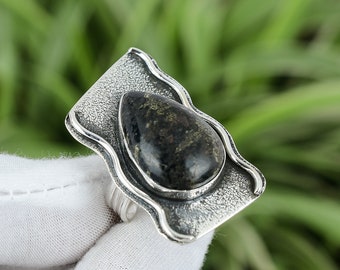 Handmade Apache Gold Ring: Pear Gemstone, Sterling Silver, Size 8