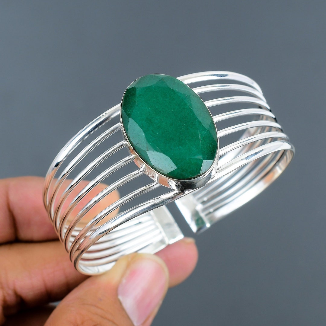 Faceted Zambian Emerald Cuff Bracelet 925 Sterling Silver Adjustable ...
