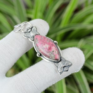 Handmade Marquise Thulite Pendant: 925 Sterling Silver Boho Jewelry
