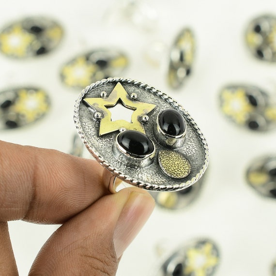 ハンドメイドブラックオニキス925スターリングシルバーリング：18K 