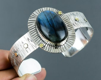 Handmade Labradorite Cuff Bracelet: Adjustable Sterling Silver Bangle