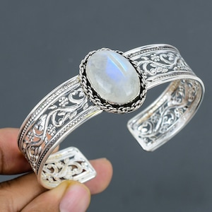 Rainbow Moonstone Bangle: Handmade 925 Sterling Silver Adjustable Cuff