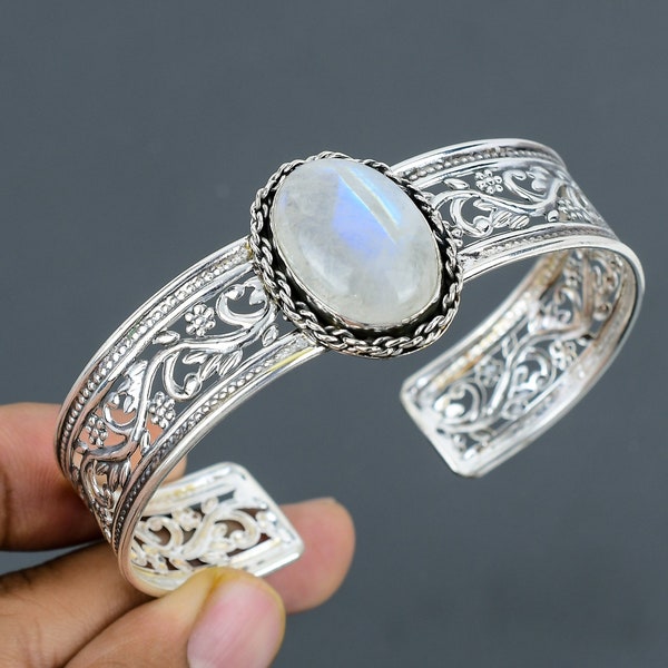 Rainbow Moonstone Bangle 925 Sterling Silver Cuff Bracelet Adjustable Bangle Handmade Brand New Bangle Gift For Him Genuine Gemstone Jewelry