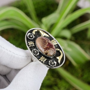Handmade Butterfly Jasper Ring: 18K Gold Plated Sterling Silver, Adjustable
