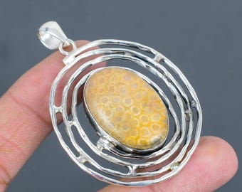 Handgemachte Fossil Coral 925 Sterling Silber Anhänger: Natürlicher Edelstein Schmuck