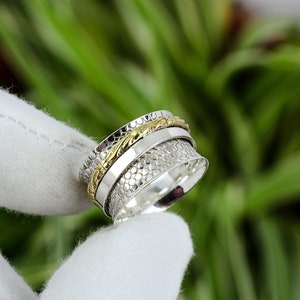 Handmade Sterling Silver Spinner Ring: 18K Gold Plated Fidget Jewelry (Size 7.75)