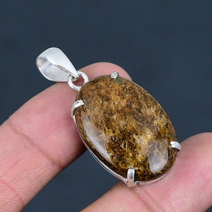 Colgante de broncita en plata de ley 925, colgante llamativo de broncita, piedra preciosa auténtica, joyería, regalo para esposa, colgante hecho a mano, joyería para mujer.