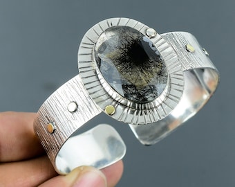 Black Rutile Cuff Bracelet: Handmade 925 Sterling Silver Adjustable Bangle