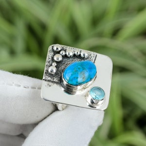 Handgemachter Chrysokoll & Schweizer Blautopas Ring, Sterling Silber, Grösse 7