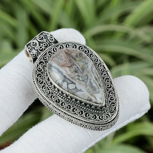 Mexican Laguna Lace Agate Pendant 925 Sterling Silver Pendant Original Gemstone Pendant Handmade Silver Jewelry Gift For Her Vintage Pendant