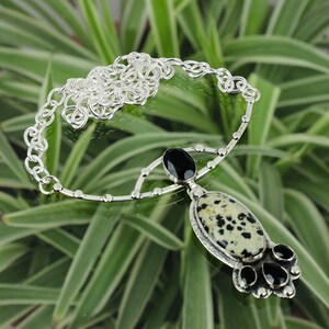 Dalmatian Jasper Necklace Black Onyx Necklace 925 Sterling Silver Gemstone Necklace Adjustable Chain Necklace Handmade Boho Style Necklace