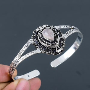 Rose Quartz Bangle 925 Sterling Silver Bangle Adjustable Cuff Bracelet Gemstone Bangle Handmade Bangle Poison Box Bangle Vintage Cuff Bangle