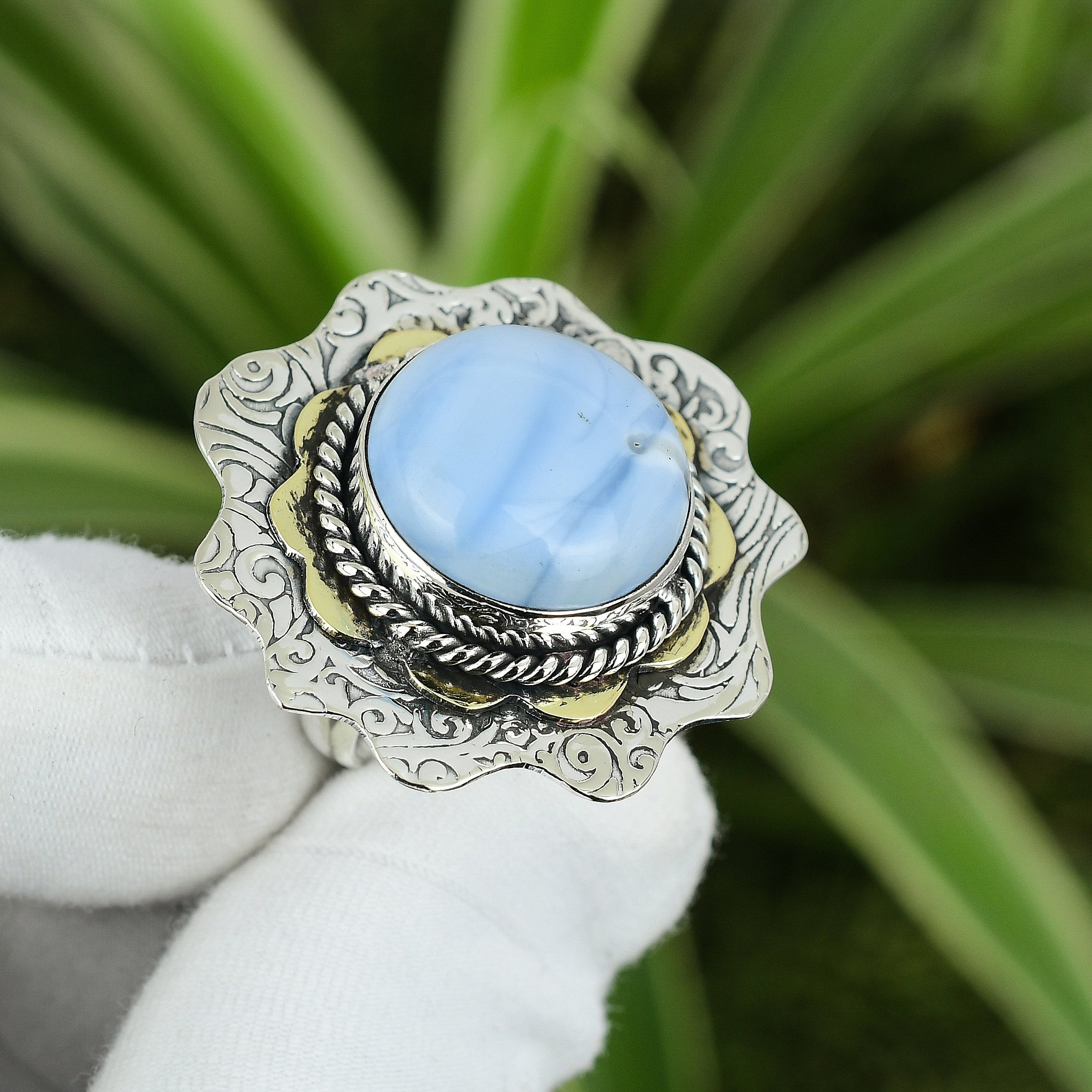 Owyhee Blue Opal Ring Adjustable Ring 18K Gold Plated Handmade Jewelry 925 Sterling Silver Ring Genuine Gemstone Ring Gift For Mother
