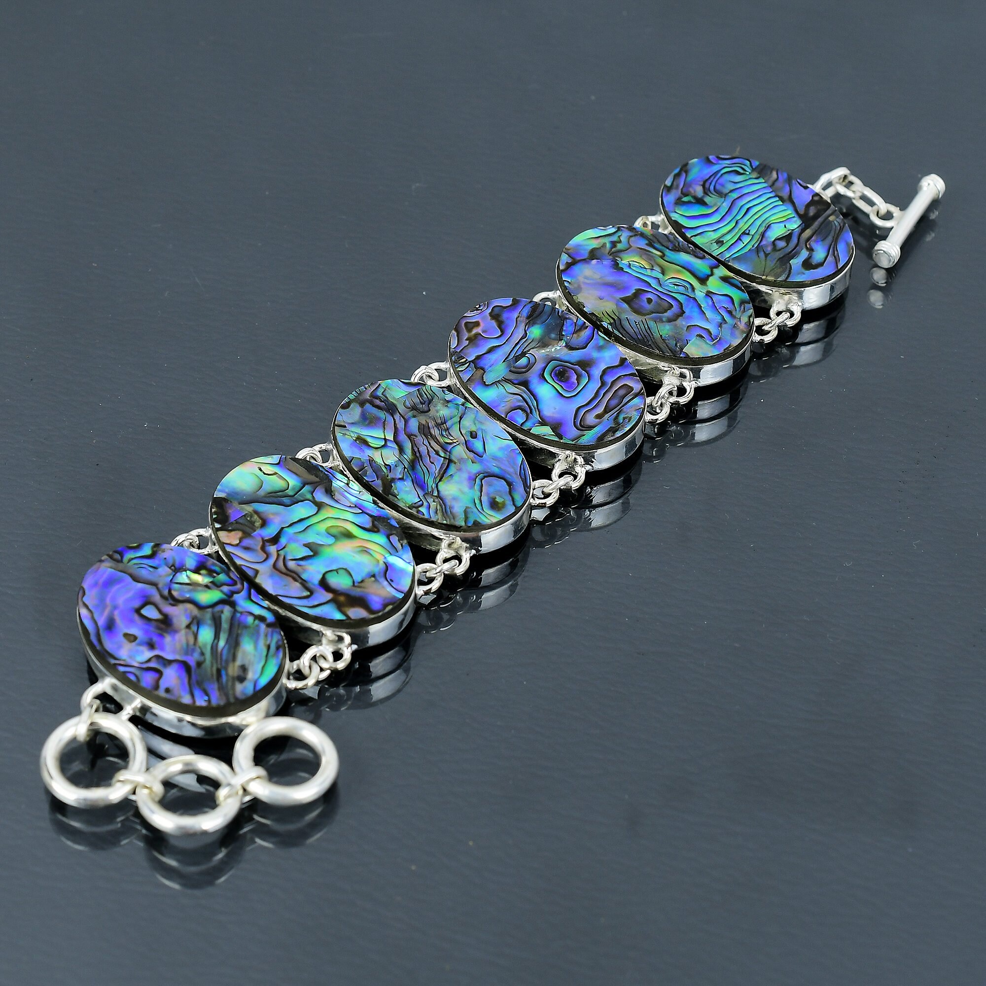 Pulsera De Plata De Ley Sol Y Luna - Diseño Con Concha De Abulón, Ajustable 7+2 Pulgadas