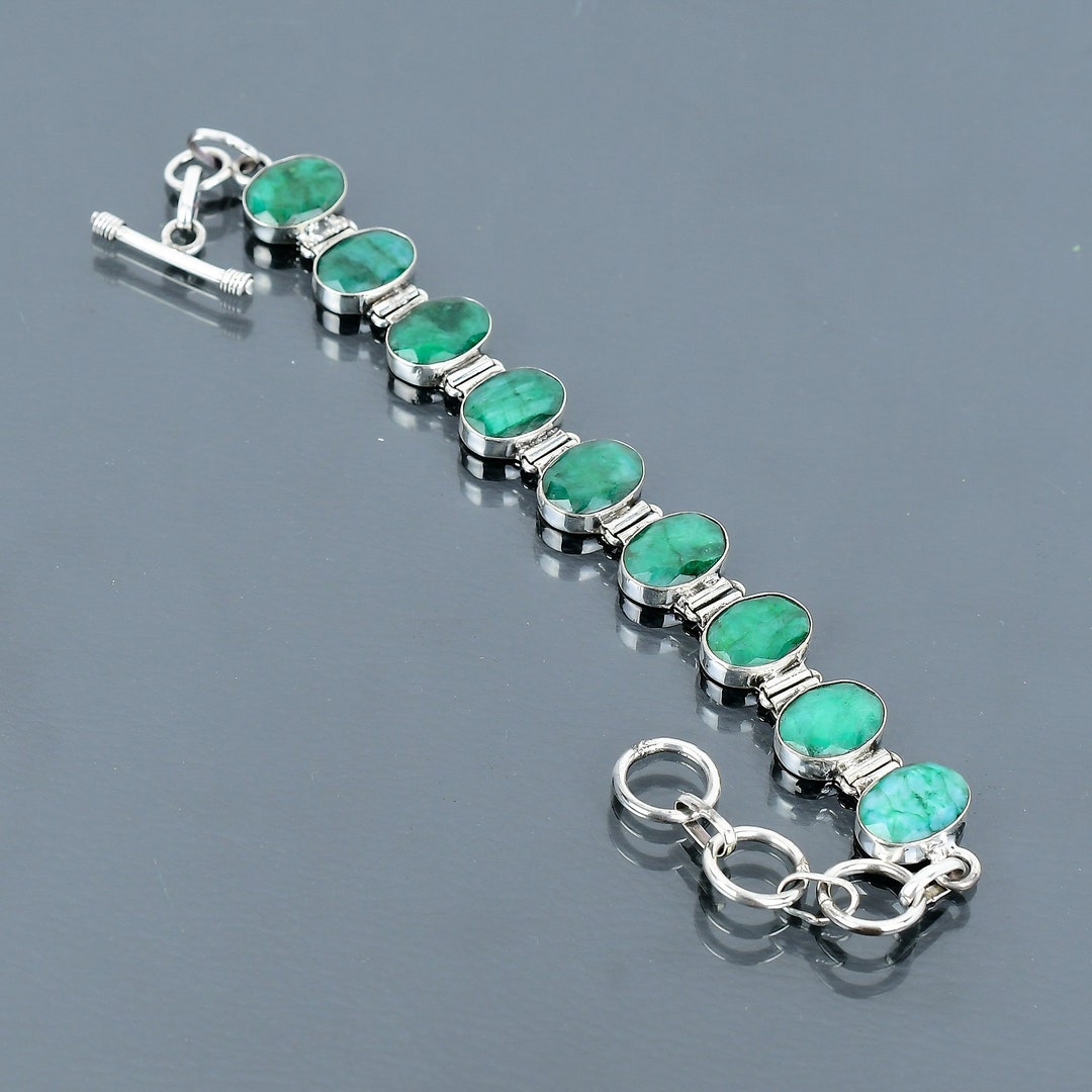 Handmade Zambian Emerald Bracelet: 925 Sterling Silver Adjustable Chain ...