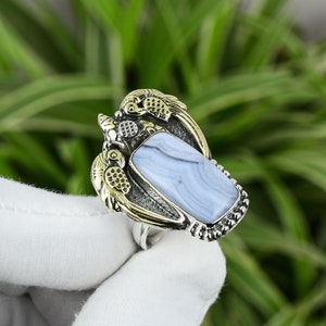 Blue Lace Agate Ring 925 Sterling Silver Ring Adjustable Ring 18K Gold Plated Gemstone Ring Handmade Statement Jewelry Ring For Women
