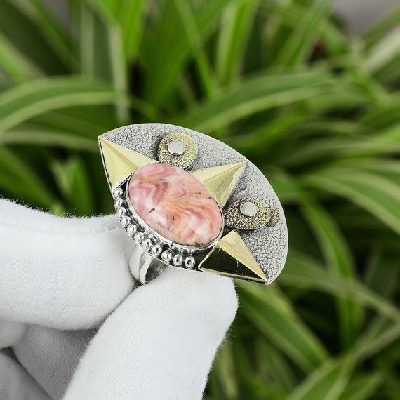 Rhodochrosite Ring 925 Sterling Silver Ring Adjustable Ring 18K
