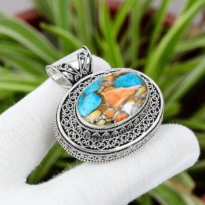 Spiny Oyster Copper Turquoise 925 Sterling Silver Pendant - Handmade Vintage Design